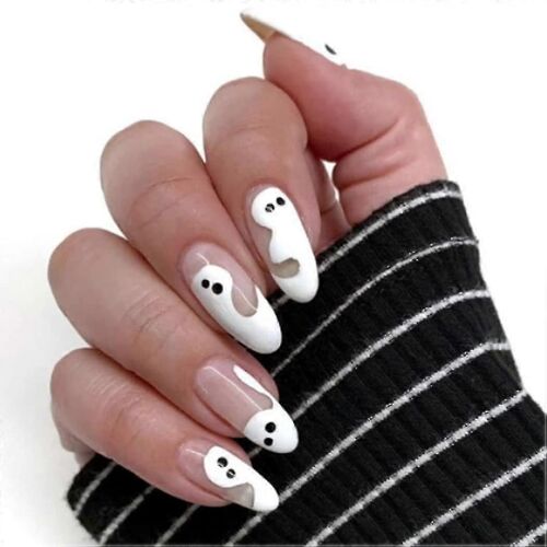 Glossy Ghost Press On Nails Blanc Medium Ovale Faux Ongles Conçu Amande Couverture Complète Artificiel Mignon Halloween Faux Ongles Conseils Pour Femmes Et Filles 24p 
