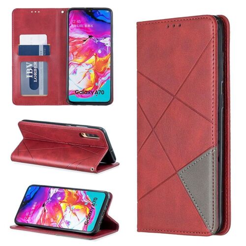 Samsung Galaxy A70 Coque, Saturcase Rhombe Pu Cuir Flip Aimant Intégré Portefeuille Support Porte-Carte Protecteur Coque Housse Étui Pour Samsung Galaxy A70 (Rouge)