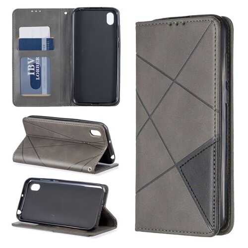 Huawei Y5 2019 Coque, Saturcase Rhombe Pu Cuir Flip Aimant Intégré Portefeuille Support Porte-Carte Protecteur Coque Housse Étui Pour Huawei Y5 2019 (Gris)