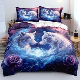 Sjzg-Wolf Parure De Lit Pour Enfant 135 X 200 Cm - Motif Loups Rose Flash - 2 Pièces - En Microfibre - Multicolore - Moderne - Motif Animal 3d - Housse De Couette Et Taie D'oreiller 80 X 80 Cm