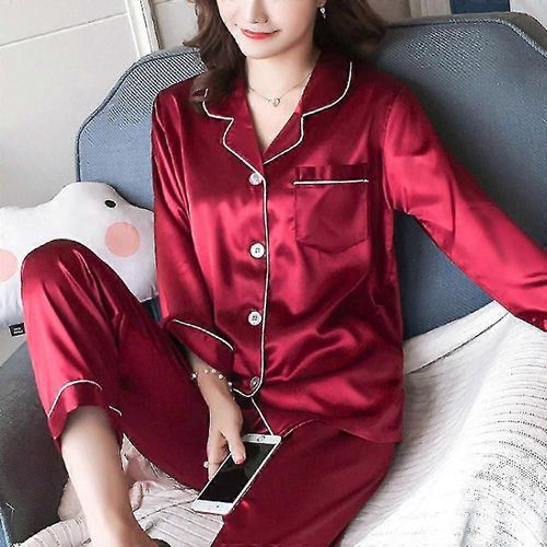 Femmes Satin Soie Look Pyjama Manches Longues Chemise De Nuit Ensemble Rouge-Adulte-M-Femelle