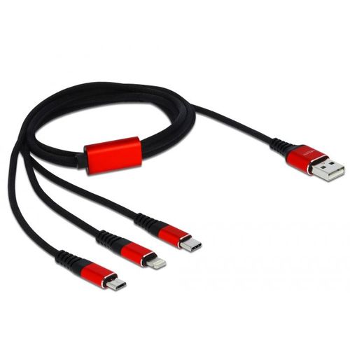 DeLOCK Câble USB de chargement 3-en-1 Type-A à Lightning / Micro USB / USB Type-C, 1 m noir / rouge