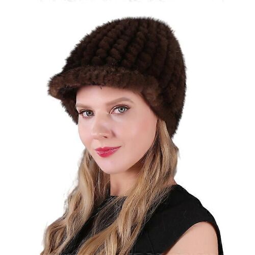 Evago Chapeaux De Fourrure D'hiver Pour Les Femmes Tricot Bonnet Chaud Dames Chapeaux Flous Ski Neige Équipement Mignon Chapeau De Fourrure De Vison Avec Visière-Brun-Adulte-Femelle