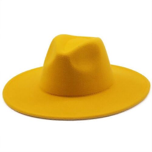 Evago Simple Style Britannique Hiver Laine Solide Classique Fedoras Casquette Hommes Femmes Panama Jazz Chapeau 9.5 Cm Large Bord Gros Fedoras-Mâle Adulte Jaune