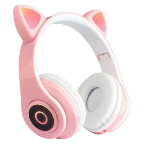 EVAGO Casque Bluetooth sans fil pliable, conception LED d'oreille de chat, casque Bluetooth de jeu électroluminescent pour adultes et enfants-ROSE-20X19cm