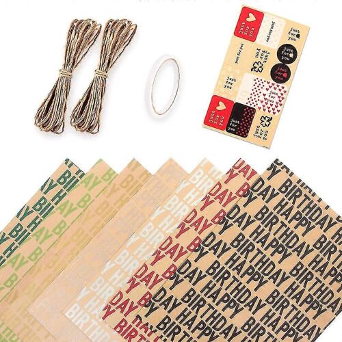 Papier d'emballage Joyeux anniversaire, papier d'emballage cadeau (7 feuilles) avec étiquettes cadeaux autocollants de ruban adhésif, 50 * 70 cm