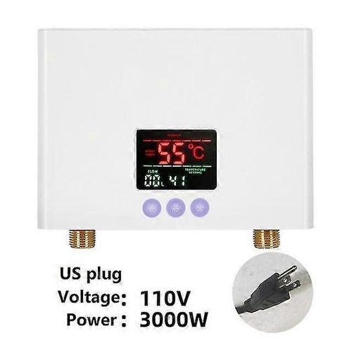 110v 220v Chauffe-eau instantané Salle de bain Cuisine Chauffe-eau mural électrique Affichage de la température Lcd avec télécommande-Prise 110V-3000W-US-Blanc