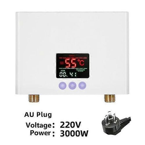 110v 220v Chauffe-eau instantané Salle de bain Cuisine Chauffe-eau mural électrique Affichage de la température Lcd avec télécommande-Prise 220V-3000W-AU-Blanc