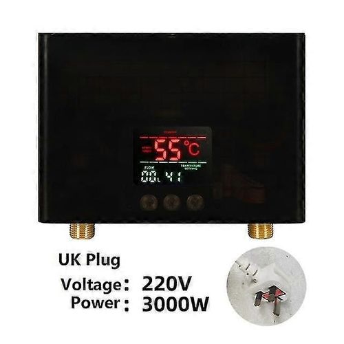 110v 220v Chauffe-eau instantané Salle de bain Cuisine Chauffe-eau mural électrique Affichage de la température Lcd avec télécommande-Prise 220V-3000W-UK-NOIR