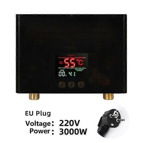110v 220v Chauffe-eau instantané Salle de bain Cuisine Chauffe-eau mural électrique Affichage de la température Lcd avec télécommande-Prise 220V-3000W-EU-NOIR
