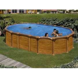 Piscine ovale acier 6,34m x 3,99m x H: 1,32m - Imitation bois - Filtration à sable - SANS Renforts apparents
