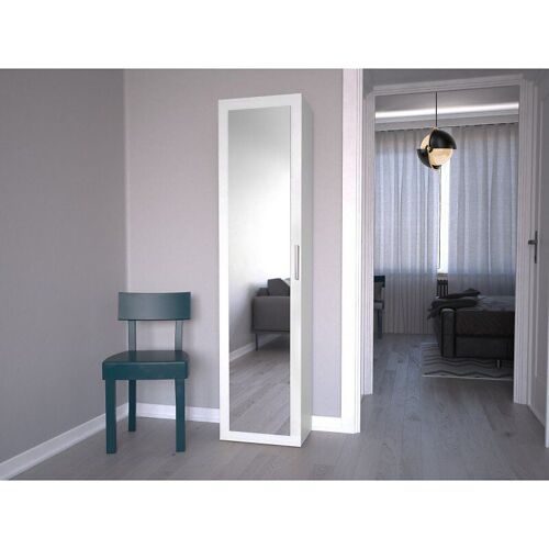 ATARA - Armoire d'entrée avec grand miroir - 180x50x35 cm - Deux étagères + barre penderie - Meuble d'entrée - Blanc