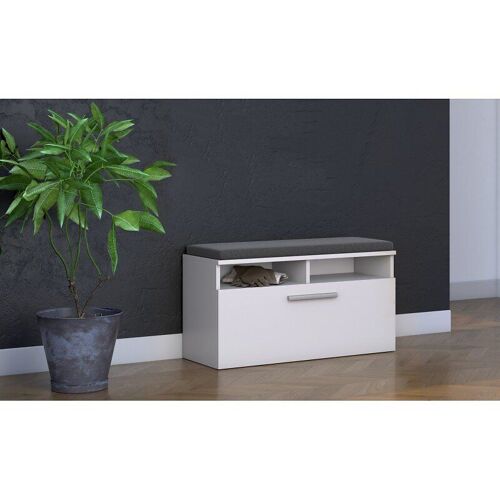 RIVI - Armoire à chaussures + siège + rangement - Porte basculante - 46x85x35 - 6 étagères - Meuble chaussures - Blanc