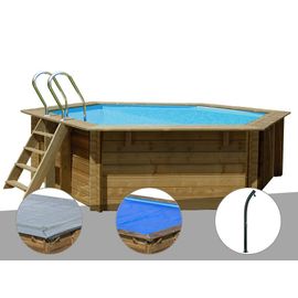 Kit piscine bois Gré Vanille Ø 4,00 x 1,19 m + Bâche hiver + Bâche à bulles + Douche