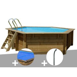 Kit piscine bois Gré Vanille Ø 4,00 x 1,19 m + Bâche à bulles + Douche