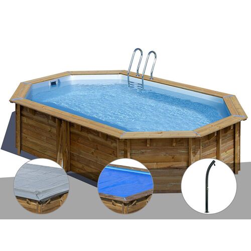 Kit piscine bois Gré Cannelle 5,35 x 3,35 x 1,17 m + Bâche hiver + Bâche à bulles + Douche