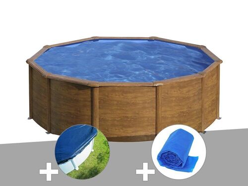 Kit piscine acier aspect bois Gré Sicilia ronde 4,80 x 1,22 m + Bâche hiver + Bâche à bulles