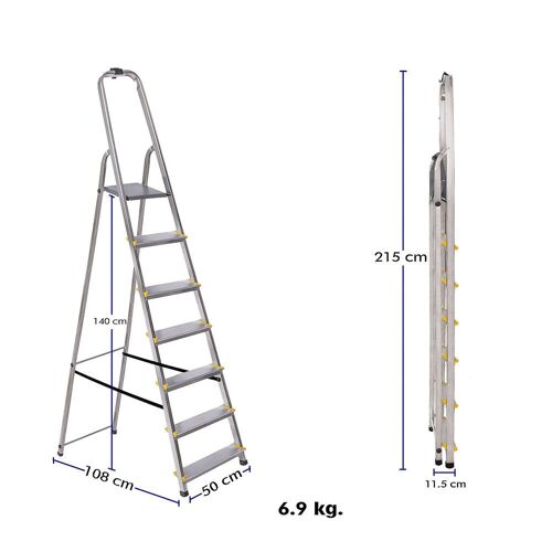 Escabeau Dura 7 marches en aluminium, léger et pliable, pieds antidérapants, hauteur de plateforme 140cm, charge maximale 150kg Hoström