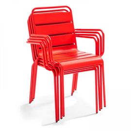 Table De Jardin Carrée Et 8 Fauteuils En Métal Rouge