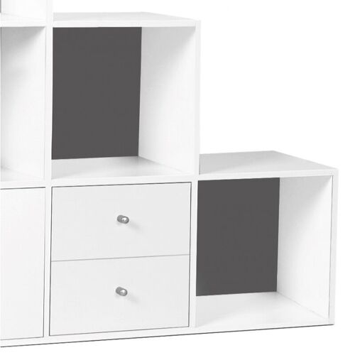 Meuble de rangement en escalier LIAM 3 niveaux bois blanc fond gris avec porte et tiroirs