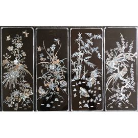 Lot de 4 panneaux laqués incrustés de nacre (48.5x19.5cm/panneau) - art / artisanat d'Asie - tableau