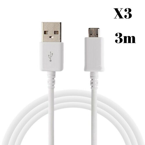 Lot 3 Cables pour Sony Xperia XA ULTRA / XA / X / X PERFORMANCE / Z1 / Z1 COMPACT / Z2 Z3 / Z3 COMPACT / Z5 / Z5 COMPACT / M4 AQUA / E5 / C5 ULTRA - Cable Chargeur Micro USB 3 Metres [Phonillico]