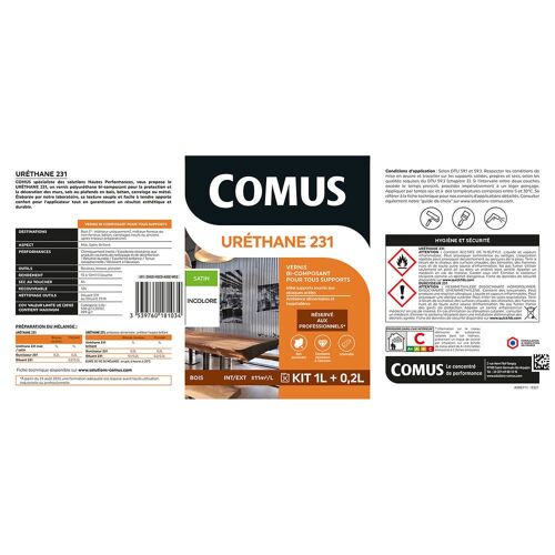 URETHANE 231 incolore (B+D) - SATINE 1.2L - Vernis polyuréthane bi-composant tous supports - COMUS