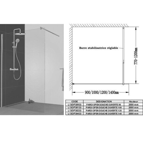 Paroi de douche à l'italienne Open 2 - verre transparent - 120 cm LEDA