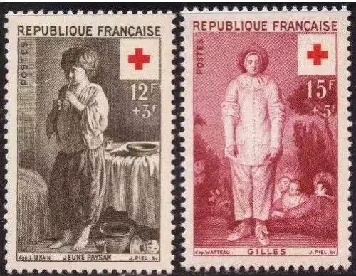 France 1956, Très Beaux Timbres Neuf** Luxe Yvert 1089 Et 1090, Paire Croix Rouge, "Jeune Paysan" Par Le Nain, Et "Le Gilles" Par Watteau.