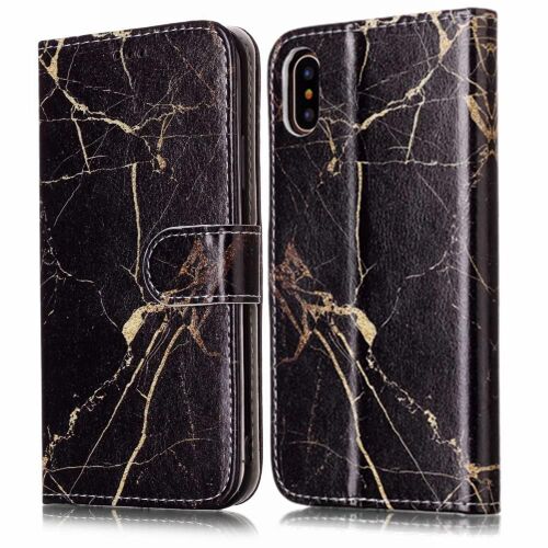 Flip Étui Pour Iphone X/Xs Magnétique Protection Complète Motif De Marbre Titulaire De Fentes Pour Cartes Portefeuille En Cuir Pu - Noir