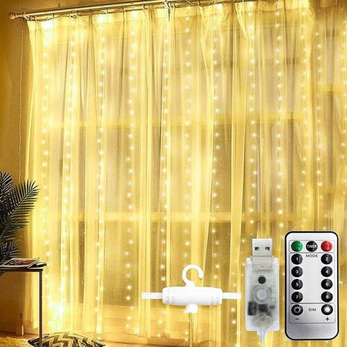 Rideau Lumineux 300led 3x3m, Guirlande Lumineuse Ip44 Etanche, Interface Usb, 8 Modes D'eclairage, Decoration Noel Mariage Chambre Fenetre (Blank Chaud) Goodnice