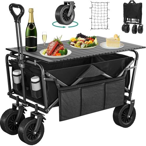 Wagner-Chariot De Plage Avec Grandes Roues Universelles Chariot Pliable Avec Table 2 Porte-Boissons Capacité De 220 Lbs Hauteur De Poignée Réglable,Chariot Jardin Pour Les Piqueniques Jardin (Noir)