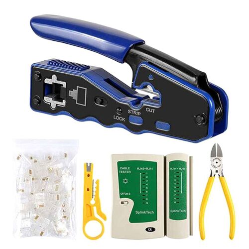 Testeur de Câble RéSeau LAN Outil de Sertissage RJ45 Passe à Travers le Kit de Sertissage Modulaire CAT6 Cat5E Cat5 50 PièCes à Travers les Connecteurs