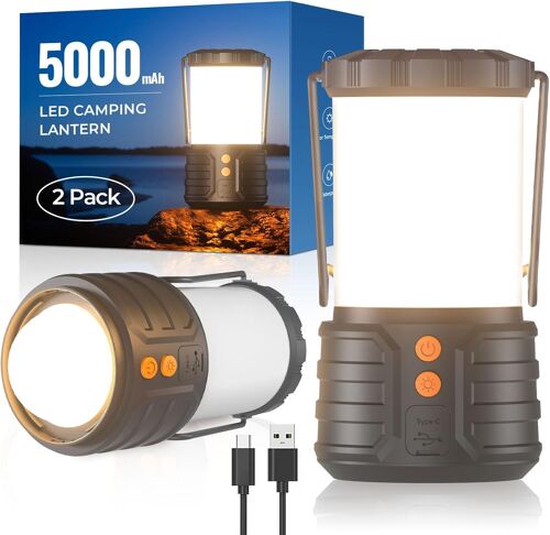 Jexnovashop-2 Pack Lanterne Camping, Lanternes Led Rechargeables 5000mah Lumière D'urgence Pour Pannes De Courant, 3 Couleurs, Portable Étanche Ipx4 Pour Tente De Camping Maison Exterieur Ou Randonné