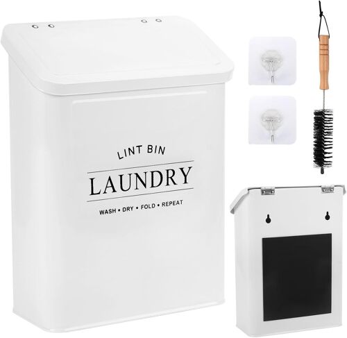 Poubelle Magnétique Anti-Peluches Pour Buanderie, Boîte Magnétique Anti-Peluches Avec Brosse En Métal, Support De Draps, Organisateur Et Rangement De La Buanderie, 19 X 9 X 26 Cm (Blanc-02