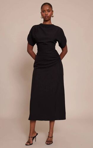 Robe Longue Tissée À Manches Courtes Noire, Noir