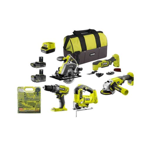 Pack RYOBI 5 outils - 2 batteries 2.0Ah et 4.0Ah - 1 chargeur - 90 accessoires perceuse