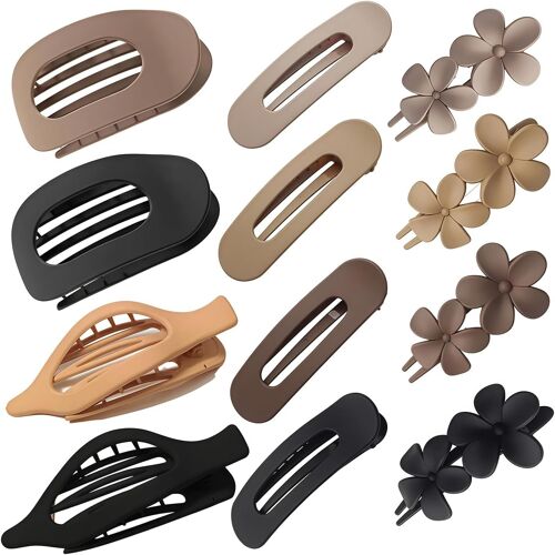 KALANKA-Lot de 12 Barrettes Plates pour Femme - 4 Styles de Grandes Barrettes avec Finition Mate - Barrettes Antidérapantes pour Cheveux Épais ou Fins au Quotidien ou au Bureau