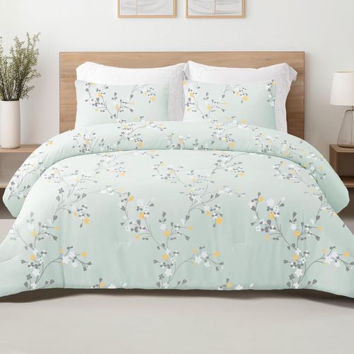 Sjzg-Ensemble De Couette Sans Housse Avec 2 Taies D'oreiller, 220x230 Cm Housse De Couette Réversible Toutes Saisons Avec Motif Floral, Légère Et Chaude, Vert Clair