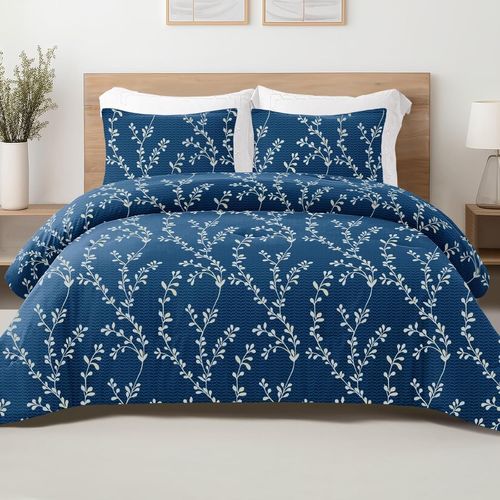 Buen-Ensemble De Couette Sans Housse Avec 2 Taies D'oreiller, 220x230 Cm Housse De Couette Réversible Toutes Saisons Avec Motif Floral, Légère Et Chaude, Bleu Marine