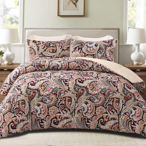 Sjzg-Ensemble De Couette Sans Housse Avec 2 Taies D'oreiller, 200x200 Cm Housse De Couette Réversible Toutes Saisons Avec Motif Paisley, Légère Et Chaude, Chameau Noir