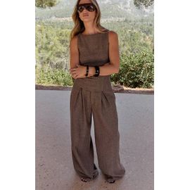 Pantalon De Tailleur Large En Maille Tweed Tissée Marron, Marron