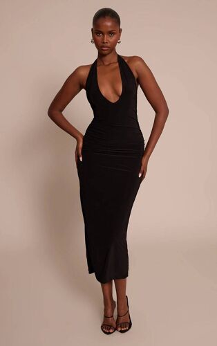 Robe Longue Noire Fluide Moulante À Décolleté Plongeant Extrême., Noir