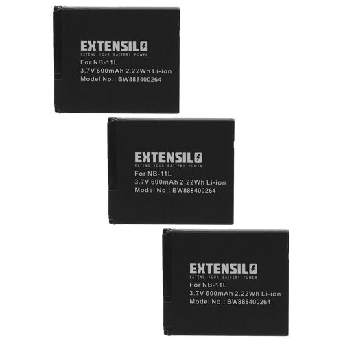 Batterie EXTENSILO 3x compatible avec les appareils photo Canon IXUS 320 HS, 245 HS, 165, 275 HS, 160, 240 HS, 265, 170 (600 mAh, 3,7 V, Li-Ion)