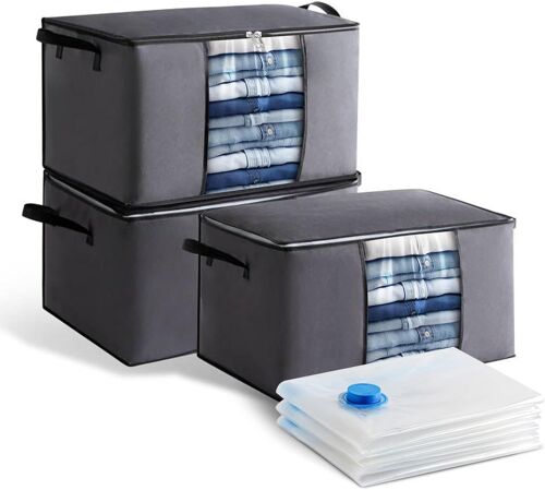 TZF-Lot de 3 Sacs de Rangement en Tissu Non-tissé 60×40×35 cm (Gris Foncé) + 3 Sacs Sous Vide 70×50 cm, Housses avec Fenêtre pour Couette, Vêtements, Linge de Maison