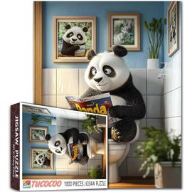 FEW-Puzzle de 1000 pièces Panda dans la salle de bain - Plantes vertes - 68,6 x 50,8 cm - Casse-tête coloré pour décoration de la maison, cadeaux, puzzle familial parfait pour les soirées de jeu