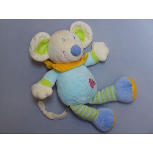 Doudou Souris Bleu Vert Jaune Coeur 28 Cm Nicotoy