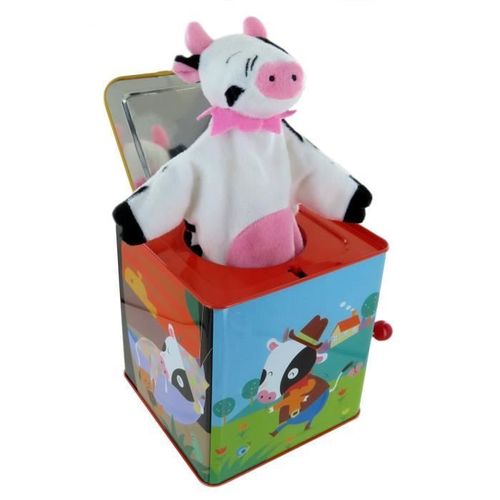 Diable En Boîte - Jack In The Box - Vache En Tissu - Boîte À Musique À Manivelle En Métal