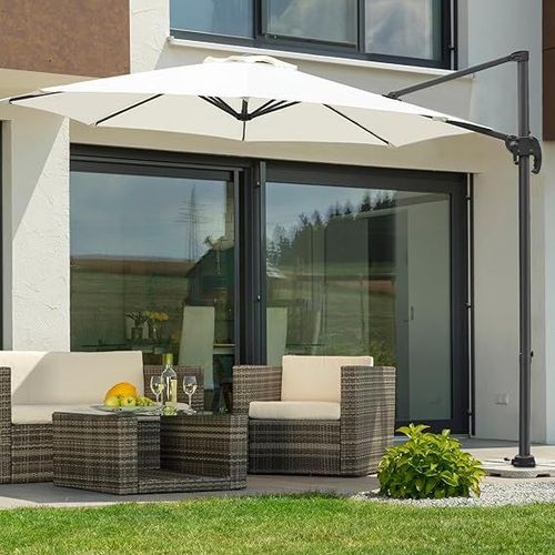 Parasol De Jardin Exterieur Rotatif À 360 °, Parasol Déporté 3m Avec Manivelle Support En Croix, Inclinableà Hauteur Variable, Rond, Protection Uv, Imperméable Pour Terrasse, Balcon