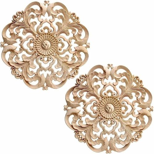 Moulure Decorative Bois 2 Pieces Applique En Bois Sculpte 15cm Rond Sculpte Bois Naturel Sculpte Meuble Applique Incrustation Artisanat Forme Fleur Pour Decoration De Meubles De Maison Goodnice